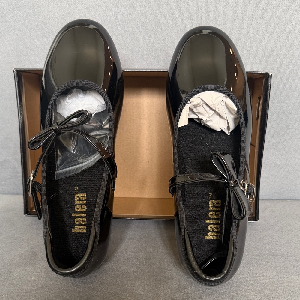 balera Black Patent Mary Jane Flats with Bow Accent